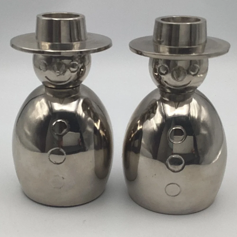 Crate&Barrel Silver Snow Men Candle Holders Heavy Metal
